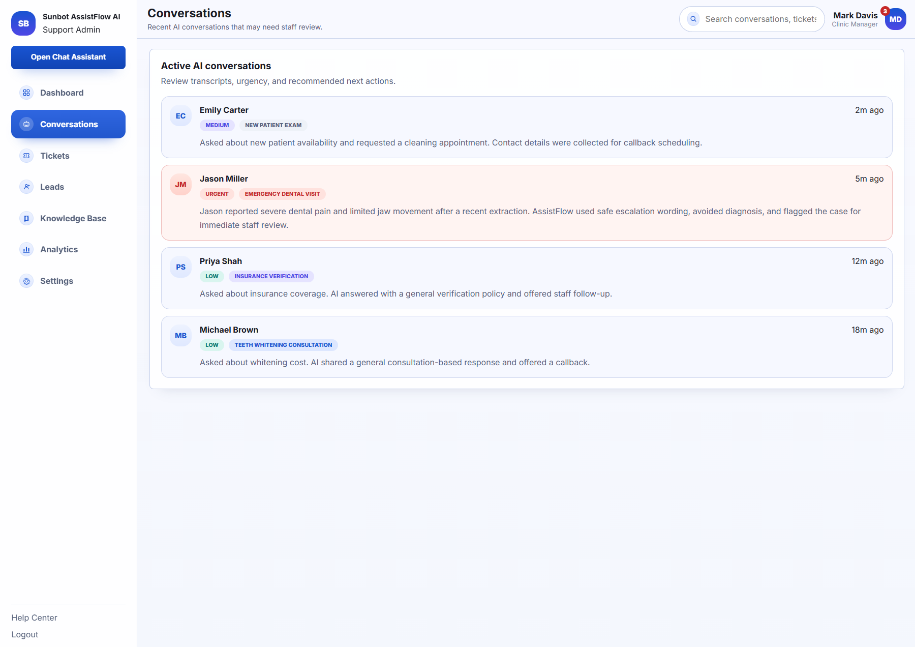 AssistFlow conversation detail showing transcript, summary, urgency, and handoff context