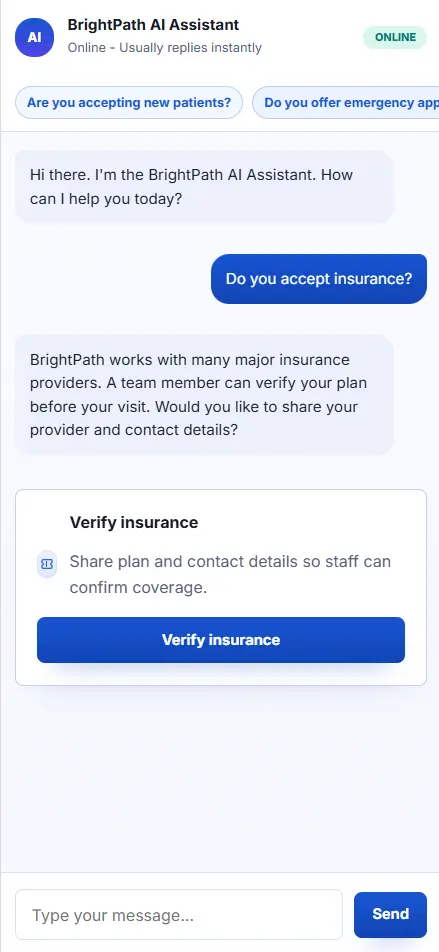 AssistFlow mobile support chat showing guided questions and urgent handoff