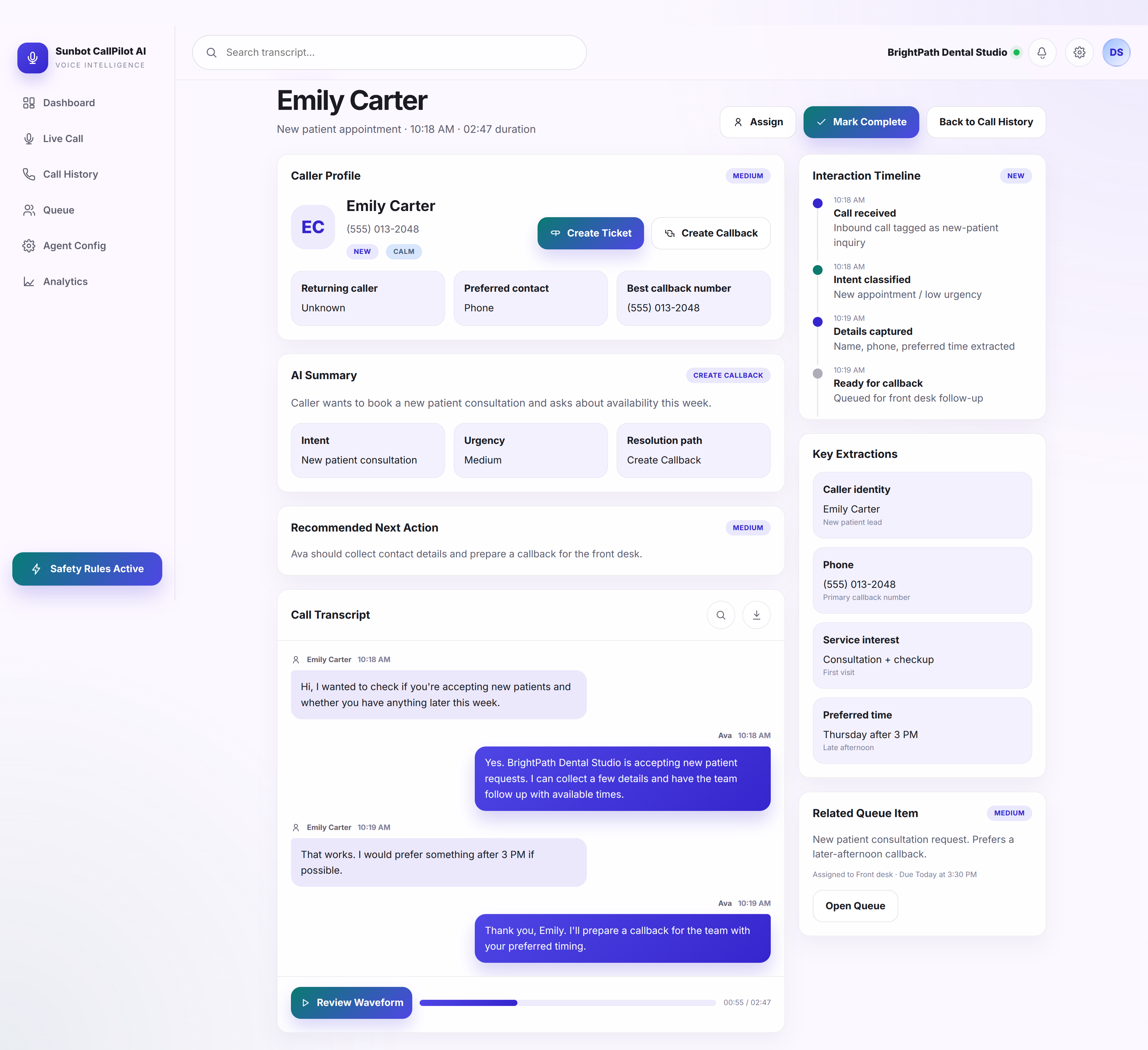 CallPilot call detail showing caller profile, transcript, summary, extracted details, and next action