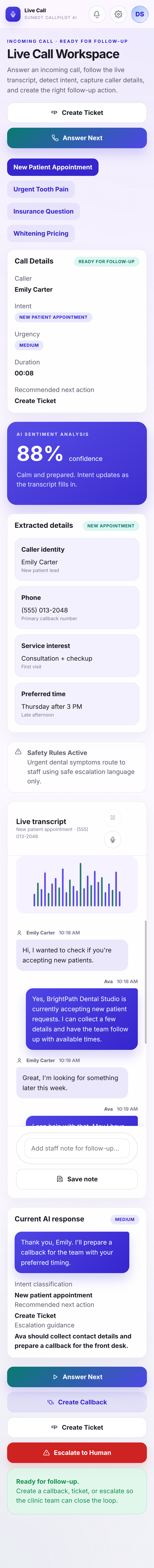 CallPilot mobile voice workspace showing transcript, caller context, and call controls