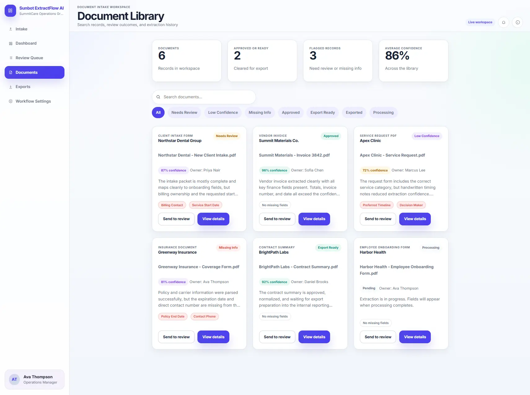 ExtractFlow document review workspace with document context and editable extracted fields