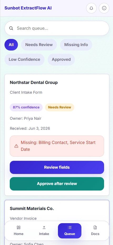 ExtractFlow mobile review queue showing document status and missing-information alerts