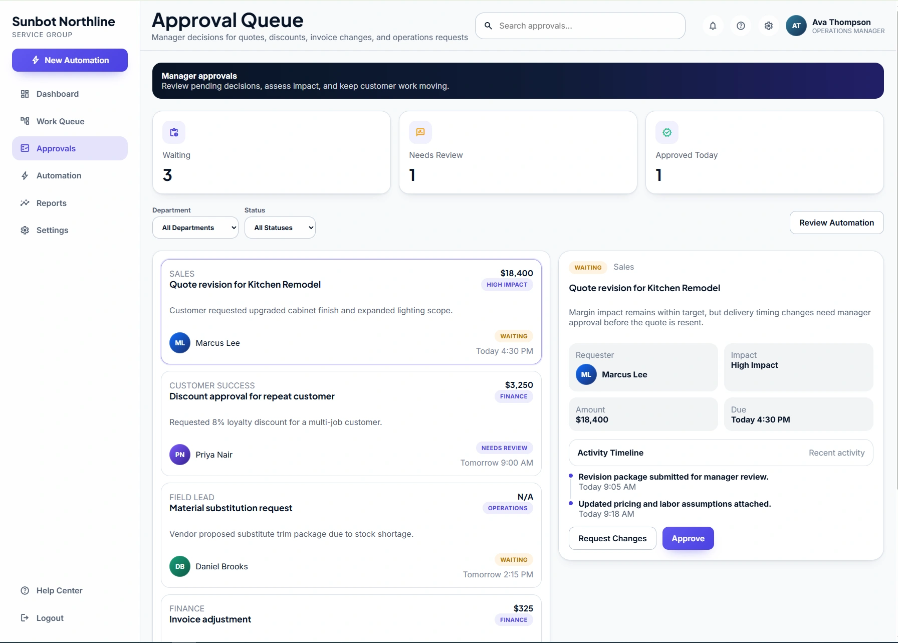 FlowOps approval queue showing pending decisions, request context, owners, and due times