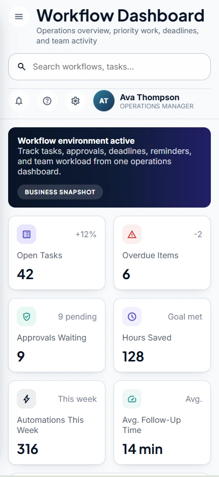 FlowOps mobile operations dashboard showing tasks, approvals, automation activity, and follow-up timing