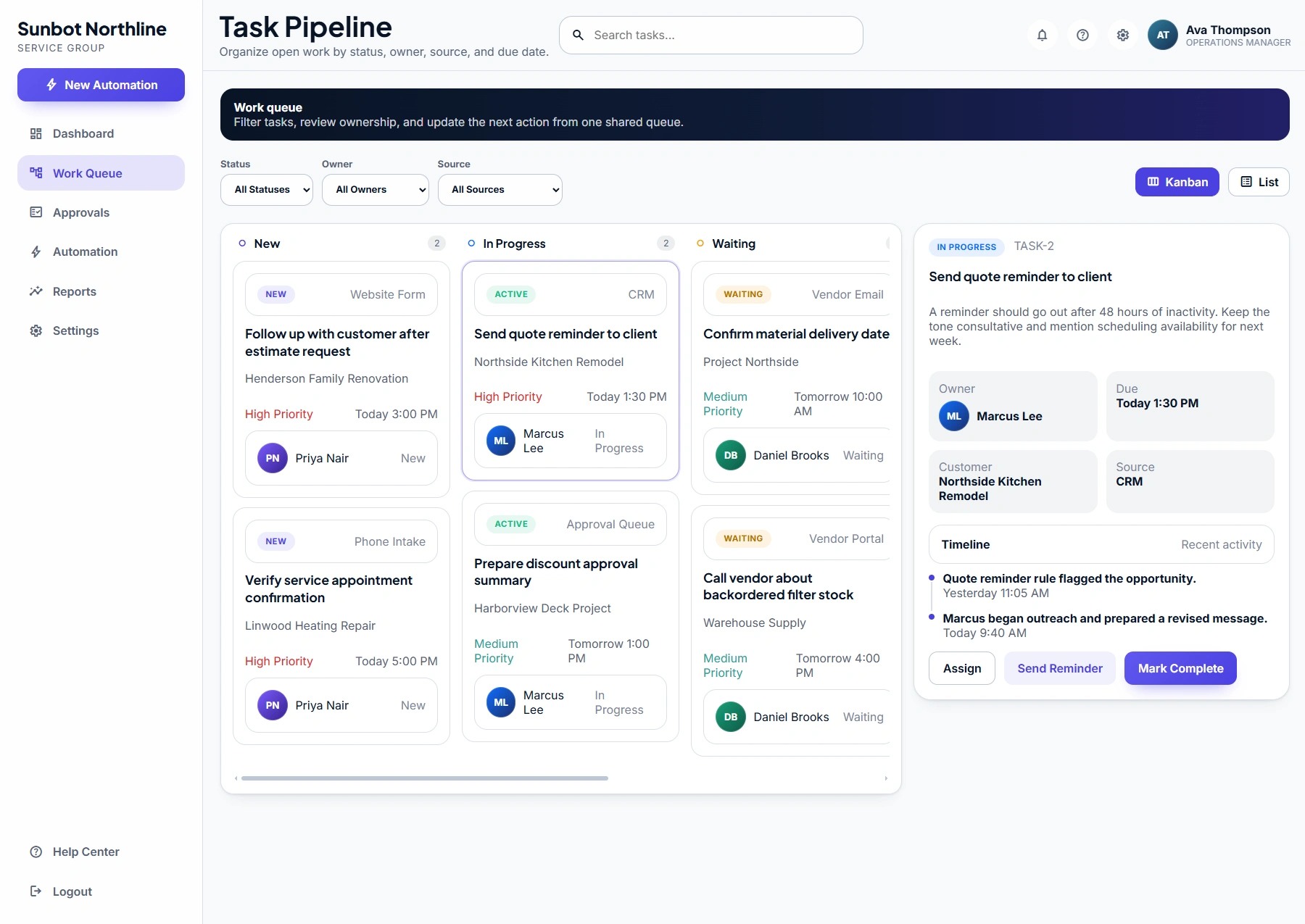 FlowOps task pipeline organized by status, owner, source, priority, and deadline