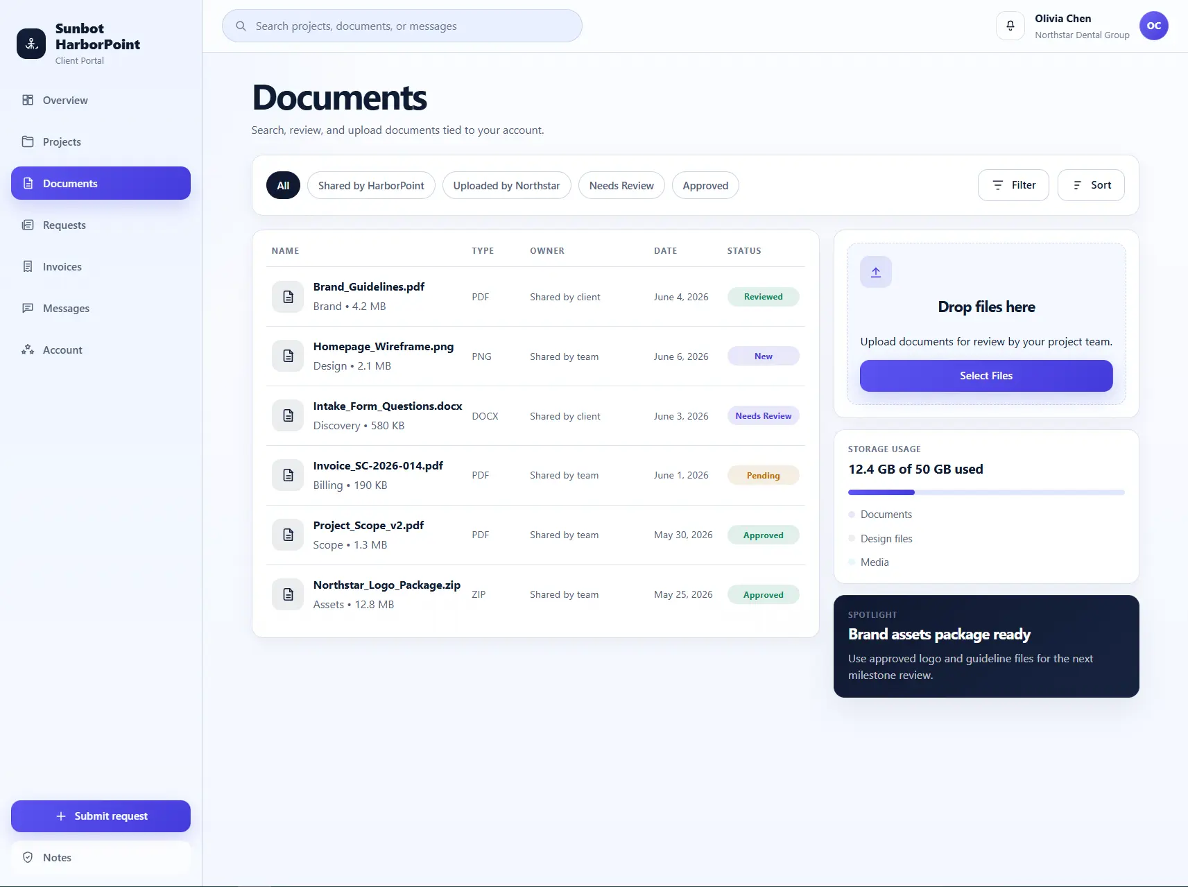 HarborPoint document library organized by project, category, status, and update date
