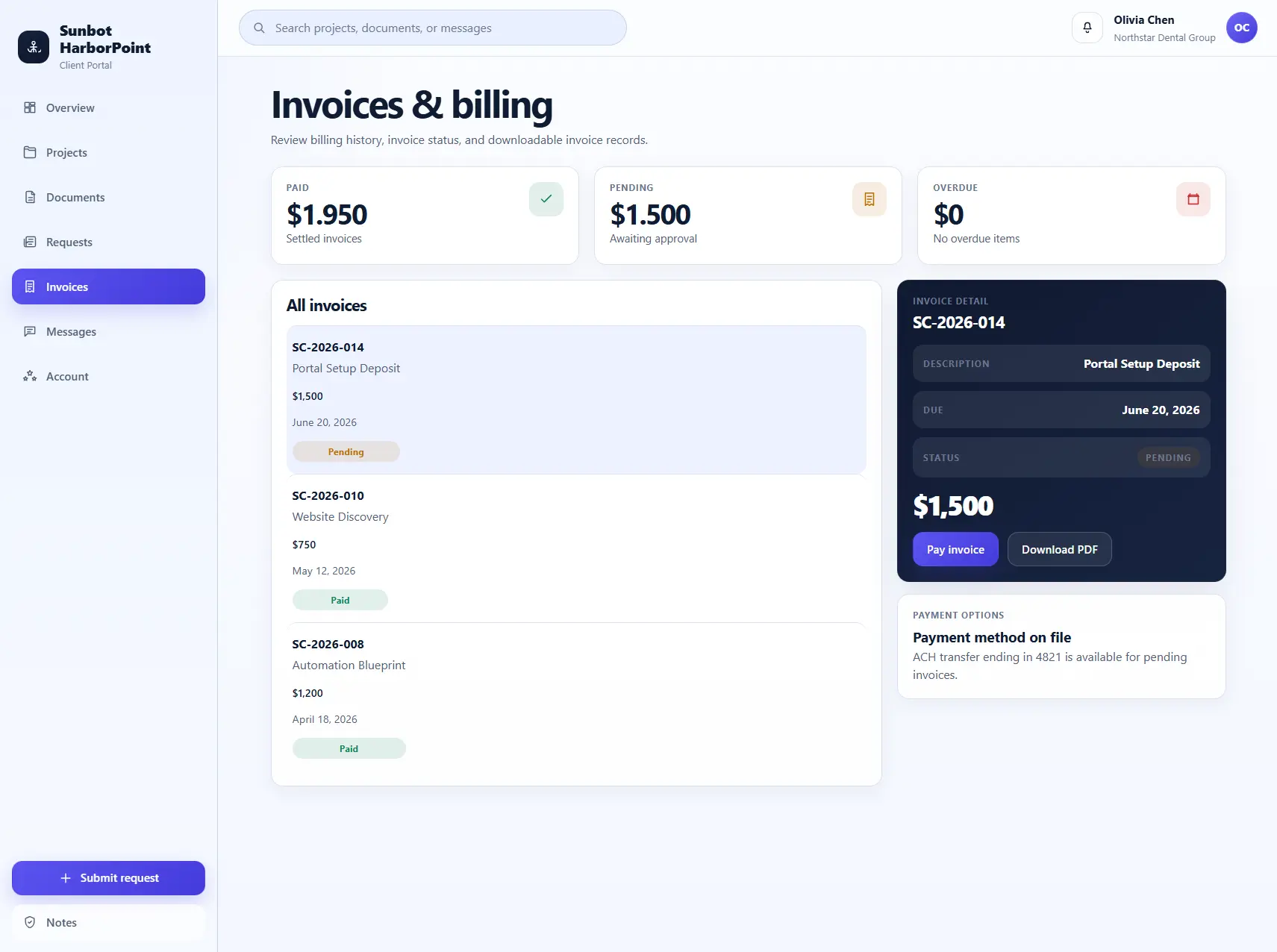 HarborPoint invoice centre showing billing records, due dates, amounts, and payment status
