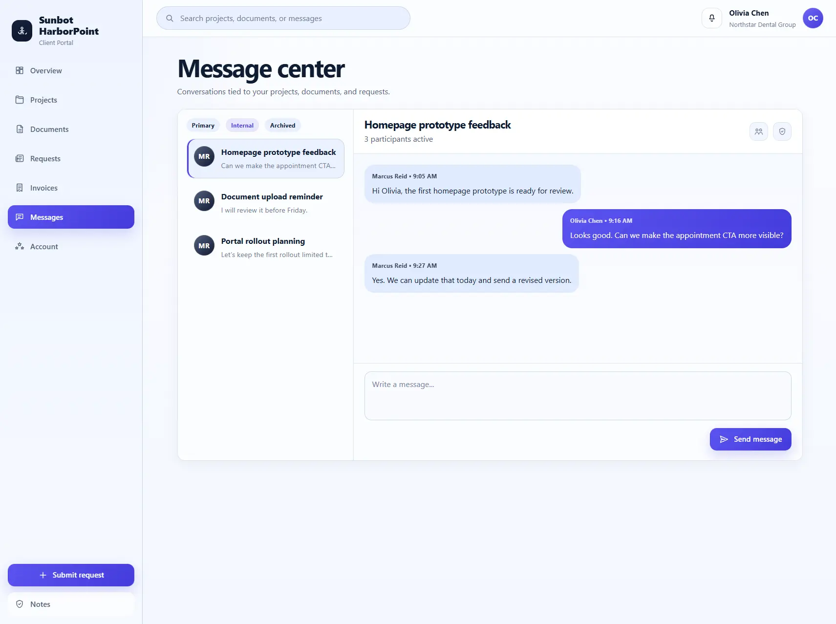 HarborPoint message centre showing project conversations and participant context