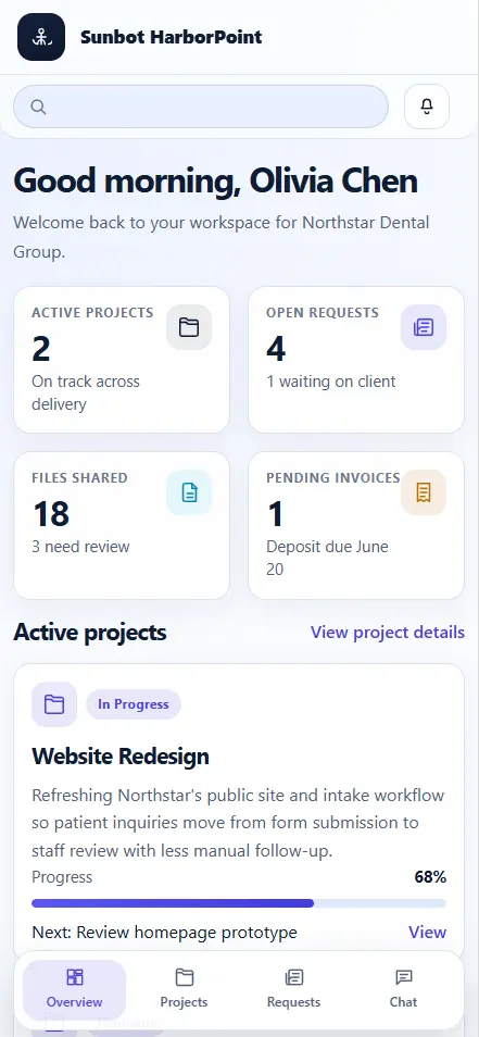 HarborPoint mobile client dashboard showing project status, requests, files, and invoices