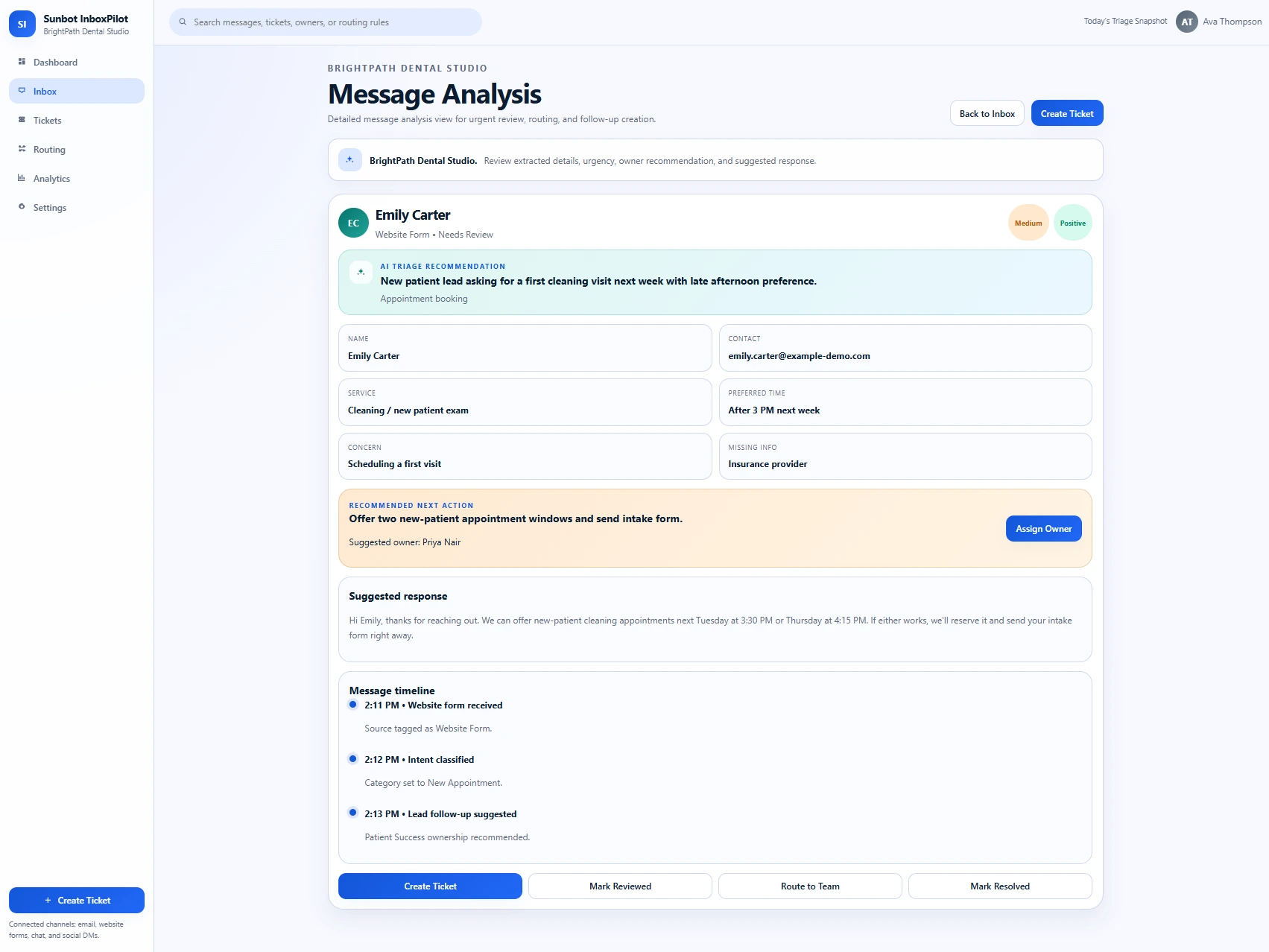 InboxPilot message analysis showing urgency, extracted details, routing, and suggested response context