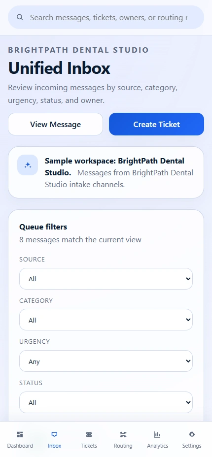 InboxPilot mobile triage queue with message filters and ownership context