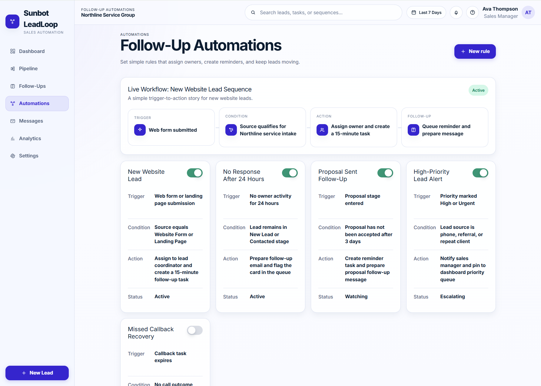 LeadLoop automation workspace showing triggers, conditions, actions, and follow-up steps