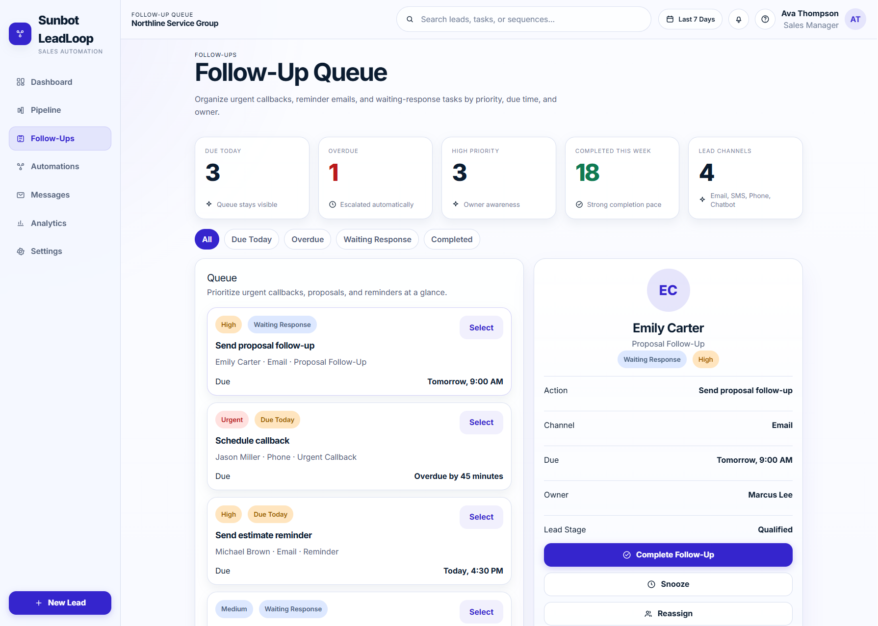 LeadLoop follow-up queue organized by timing, priority, owner, and channel