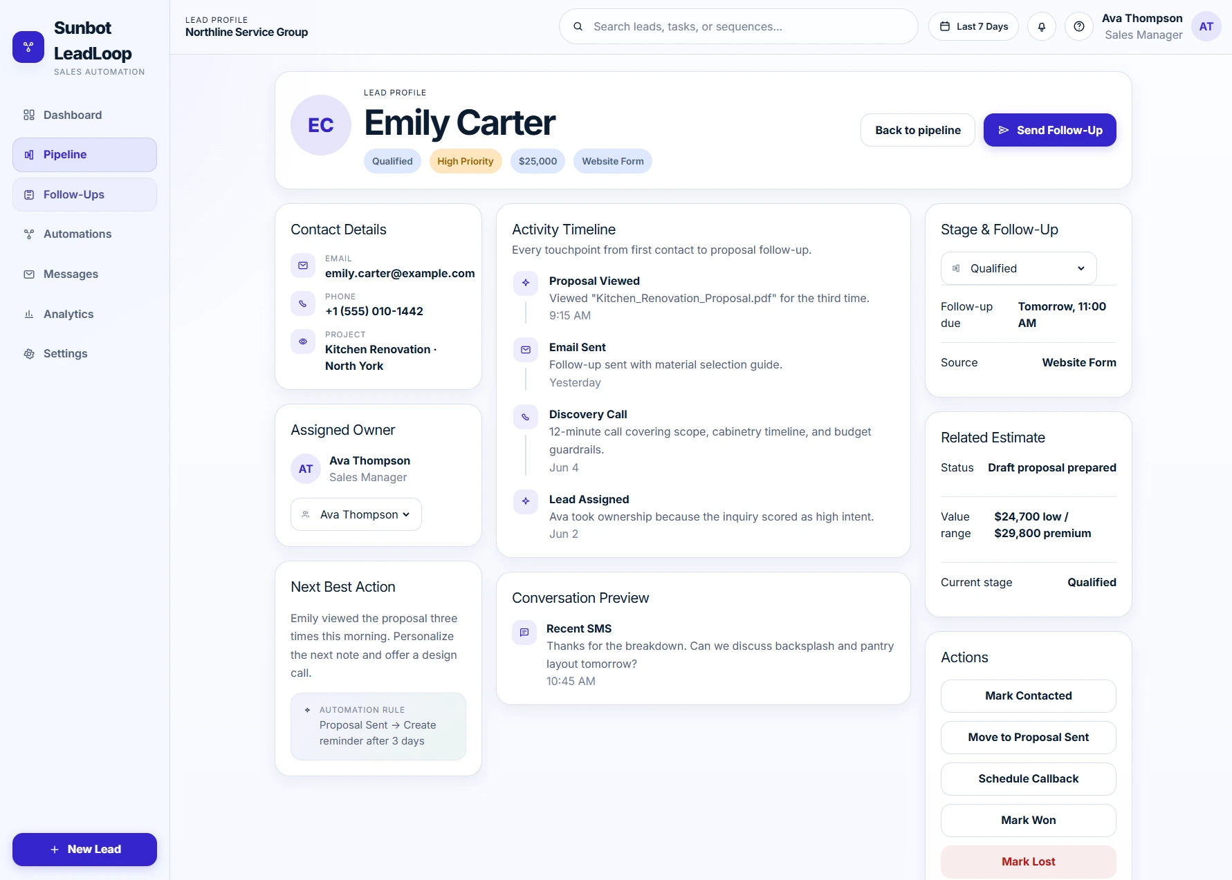 LeadLoop lead profile showing contact details, activity history, ownership, and next actions
