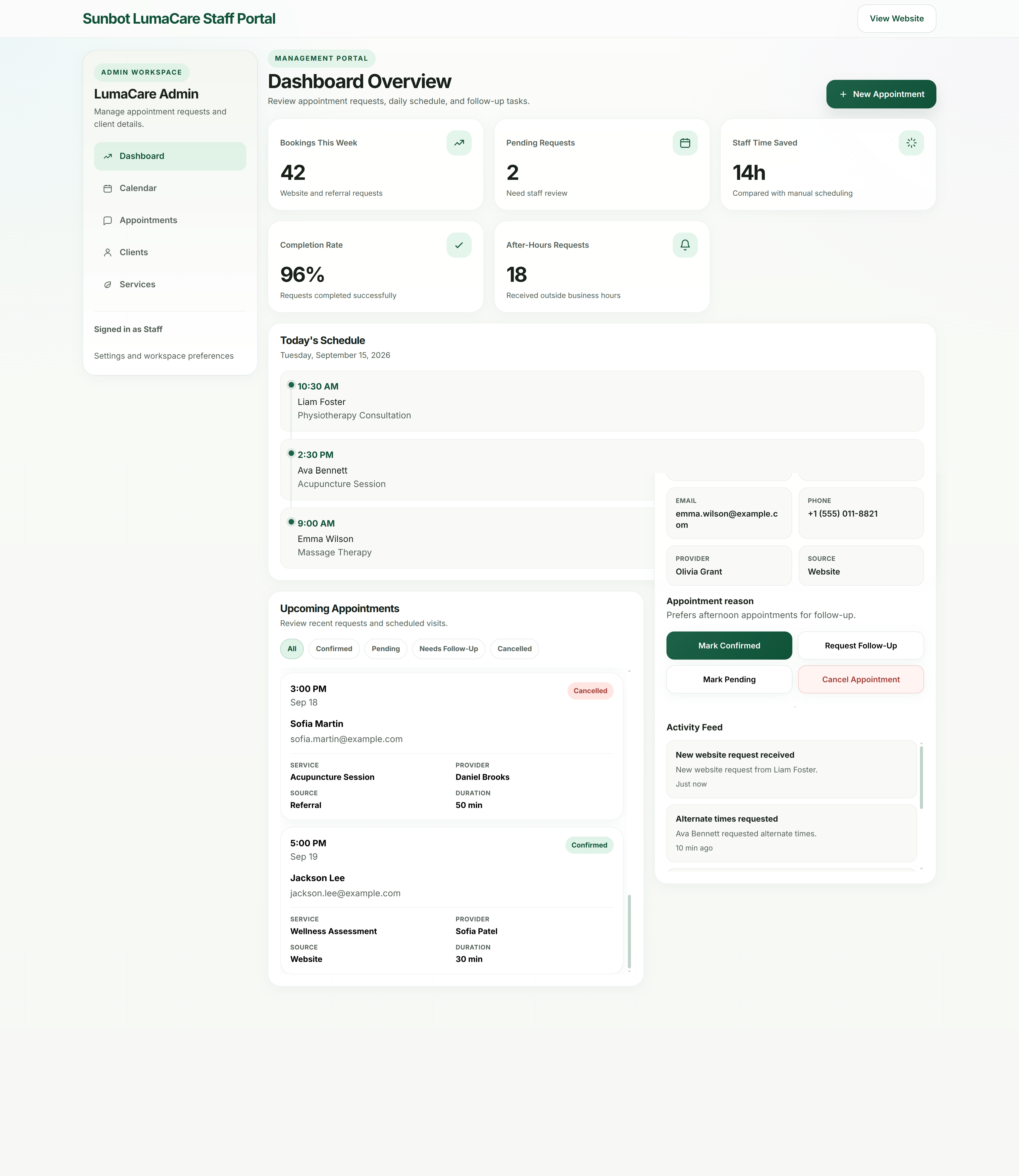 LumaCare staff dashboard showing schedule, pending requests, appointment details, and follow-up actions