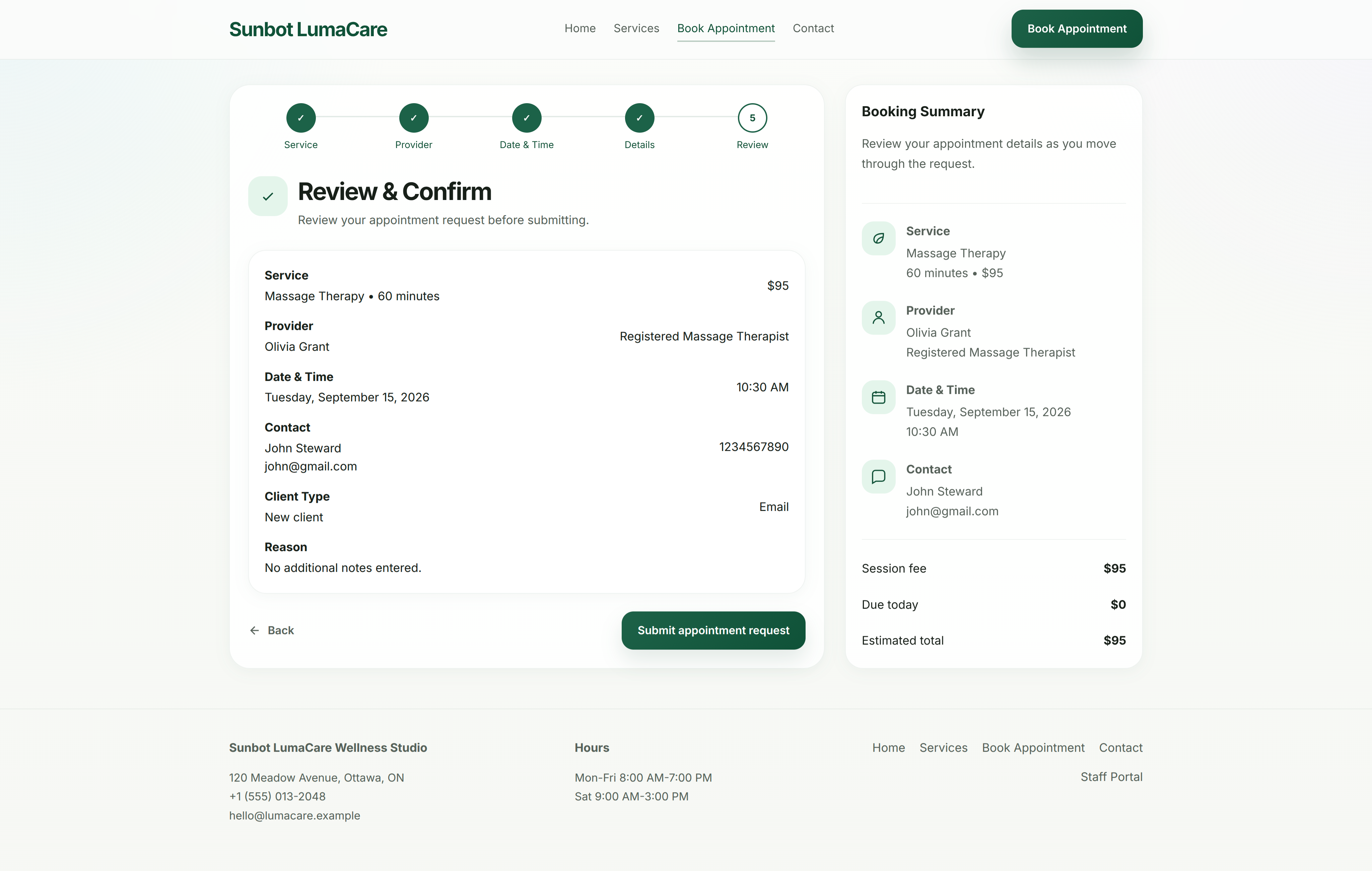 LumaCare appointment-request receipt showing booking details, status, and next steps