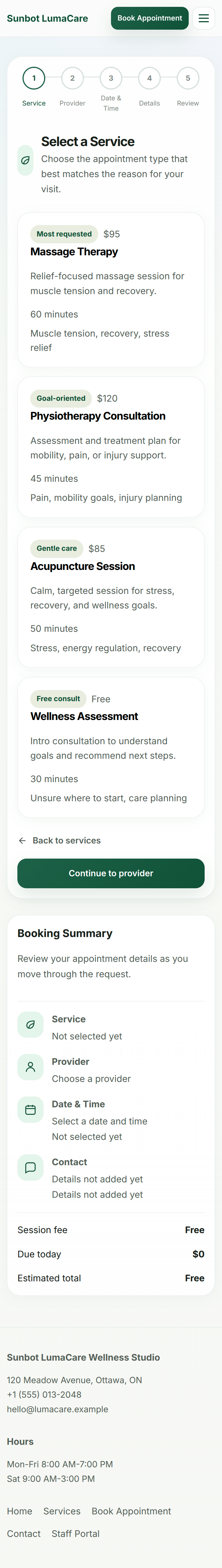 LumaCare mobile booking flow showing provider selection and booking progress