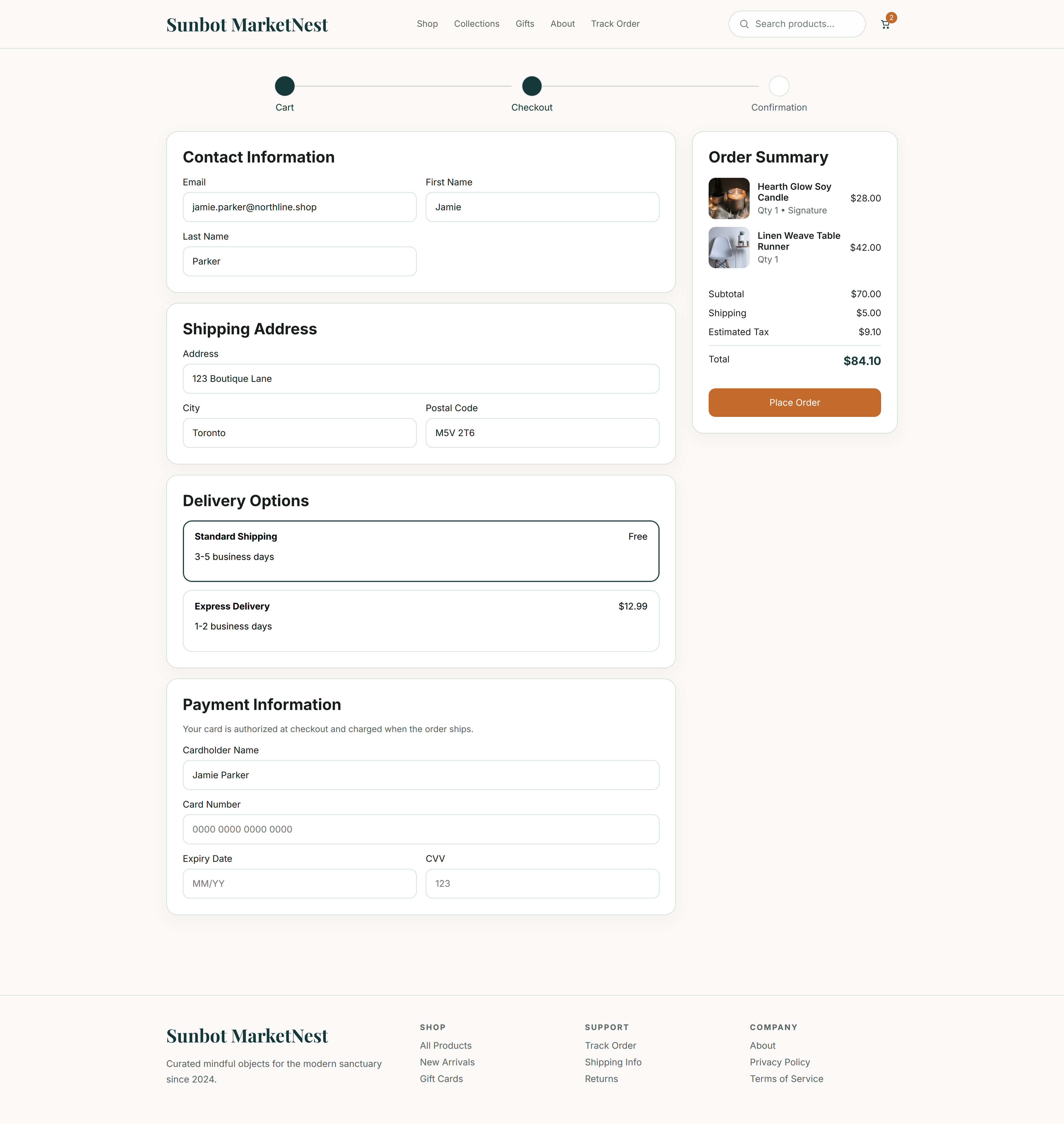 MarketNest checkout showing contact details, shipping address, delivery options, payment information, and order summary