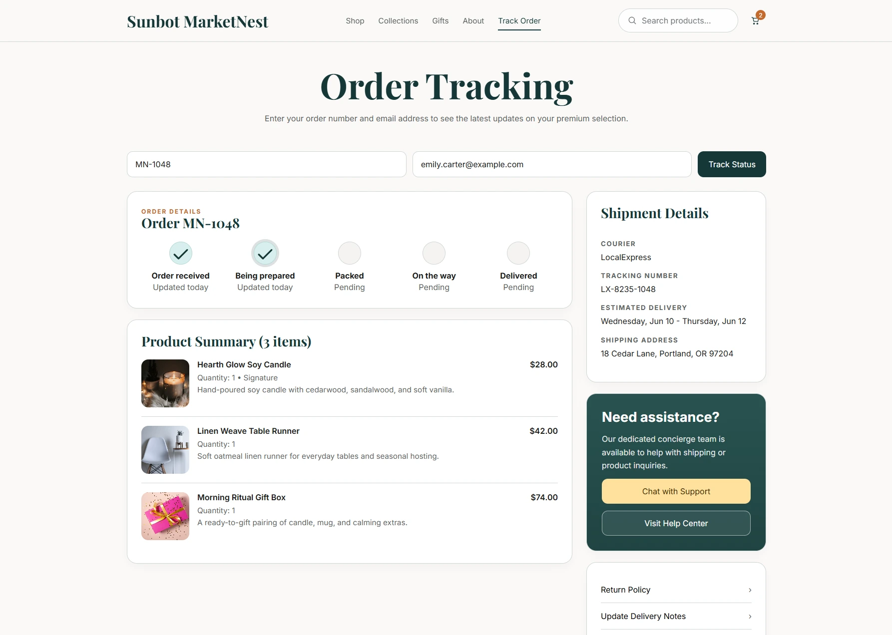 MarketNest order tracking page showing shipment progress, delivery details, and purchased items