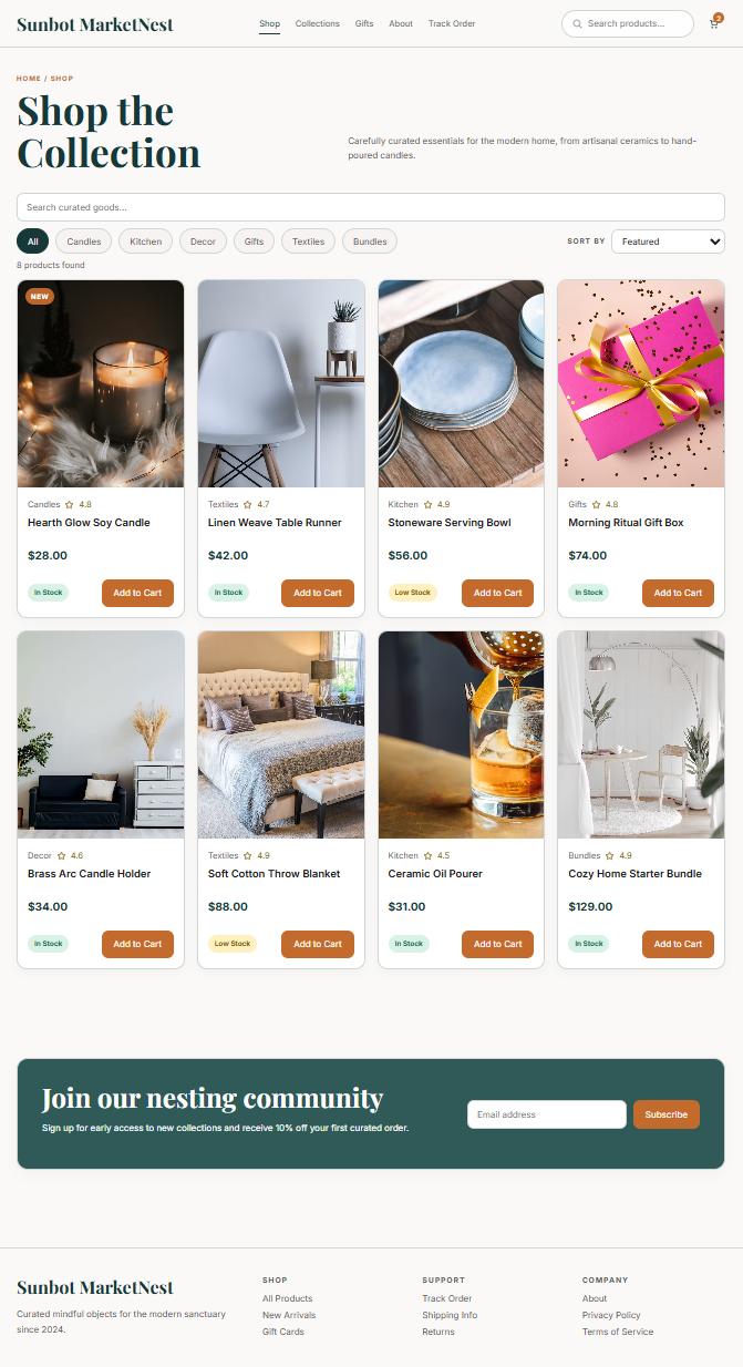 MarketNest product catalogue showing search, categories, sorting, pricing, ratings, and stock status