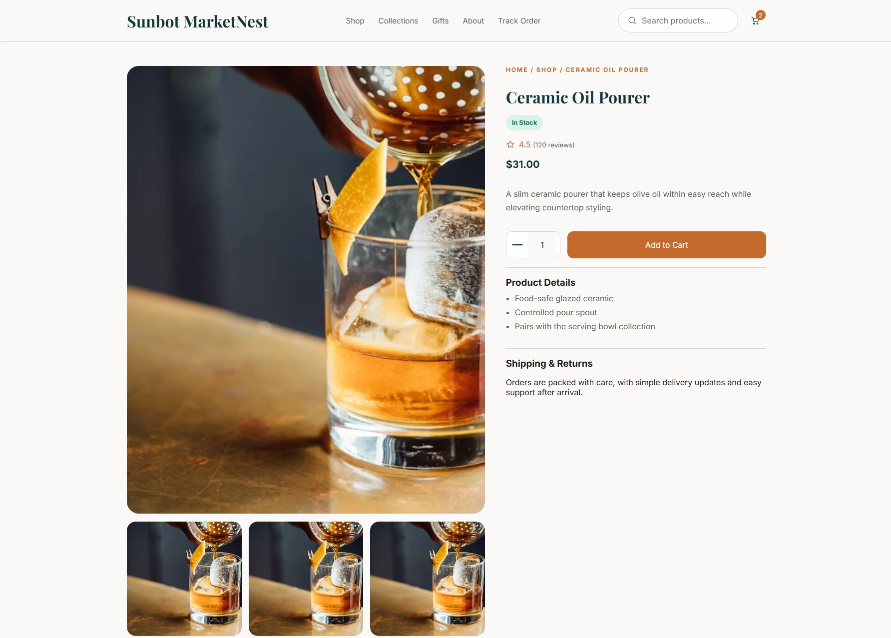MarketNest product detail showing imagery, price, rating, availability, quantity, and options