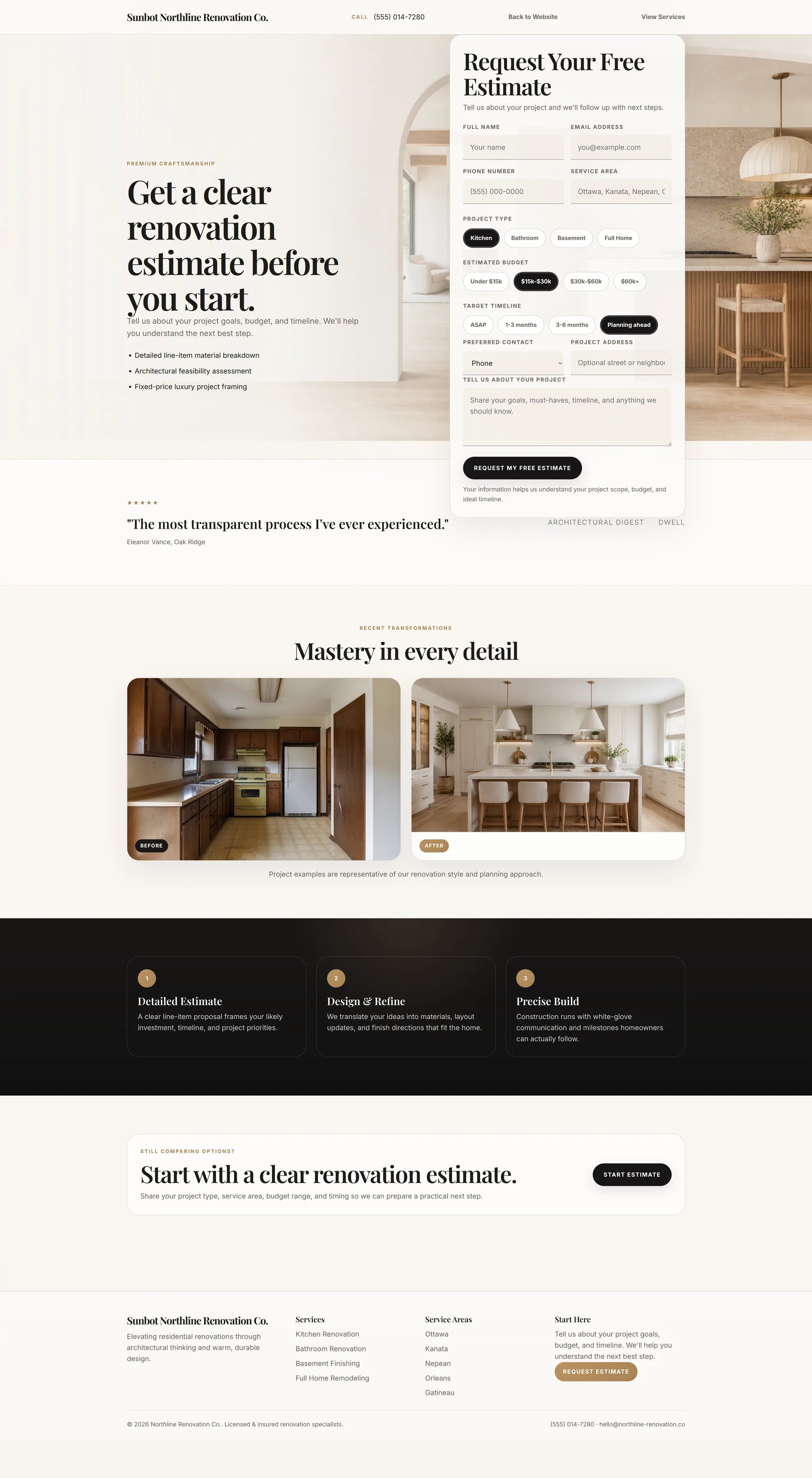 Northline Renovation estimate page with project type, budget, timeline, contact, and project-detail fields