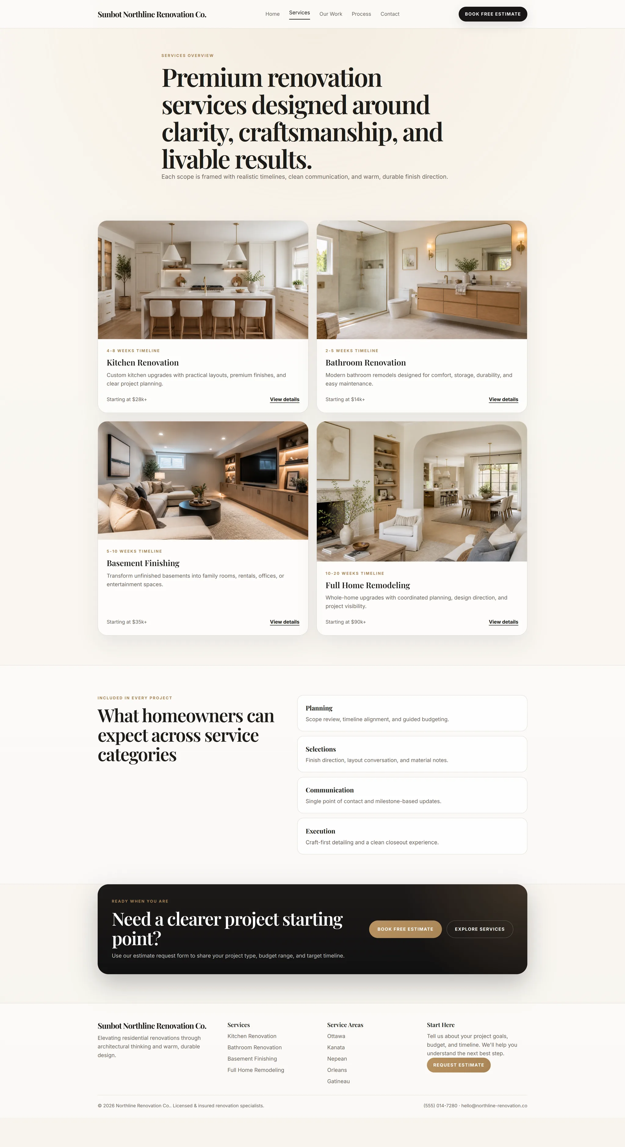 Northline Renovation services page showing kitchen, bathroom, basement, and full-home renovation options