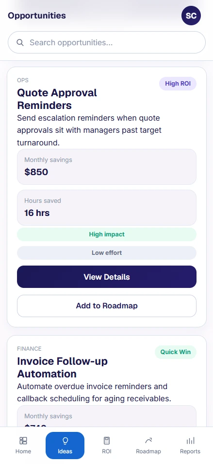 OpsValue mobile opportunity detail showing workflow pain points, effort, and planning assumptions