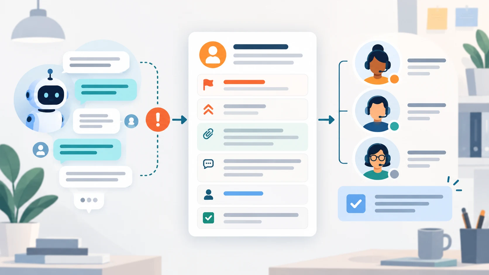 Illustration of an AI support conversation becoming a structured human handoff record