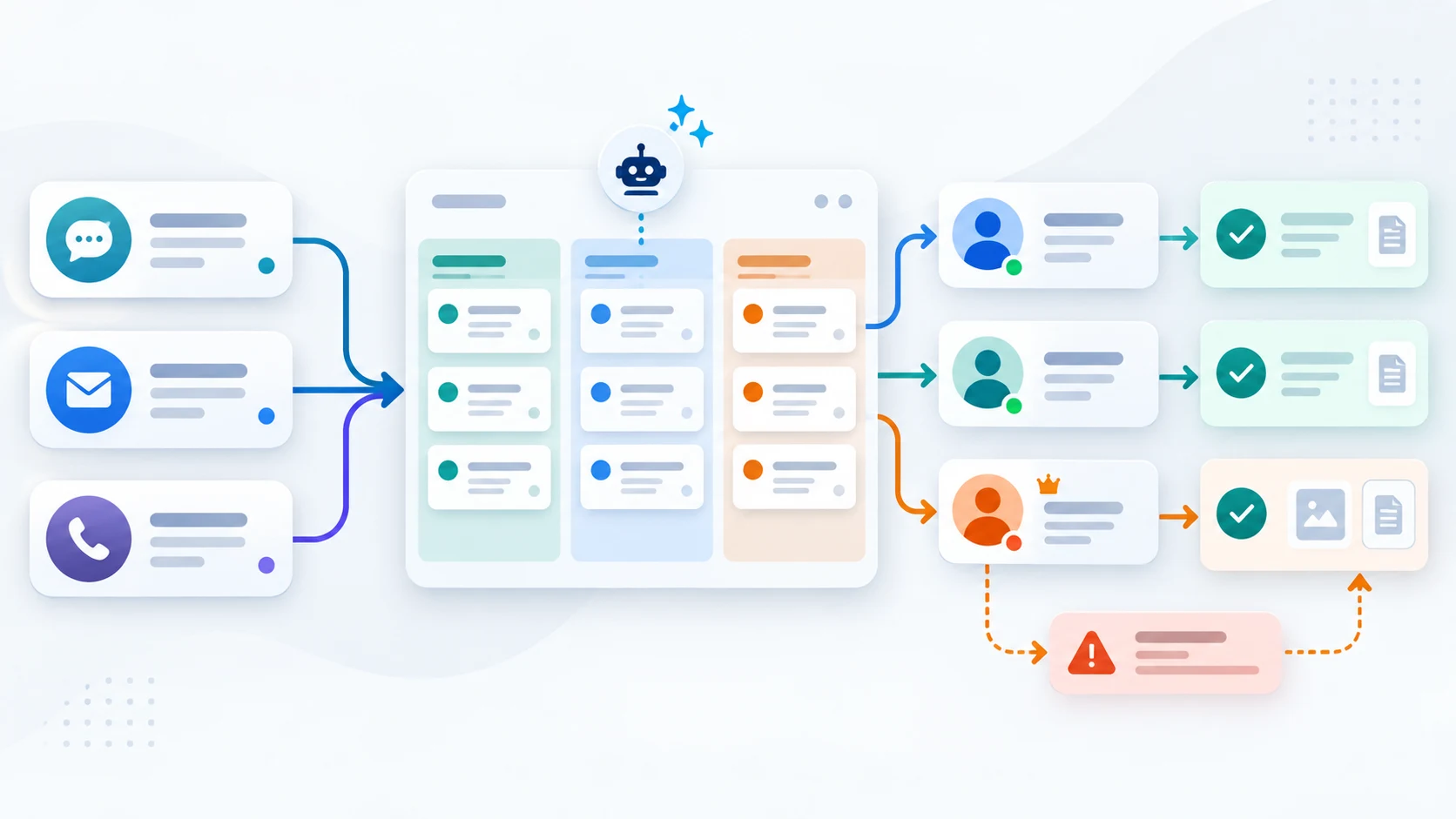 Illustration of chat, email, and voice requests feeding into triage, ownership, and resolution paths