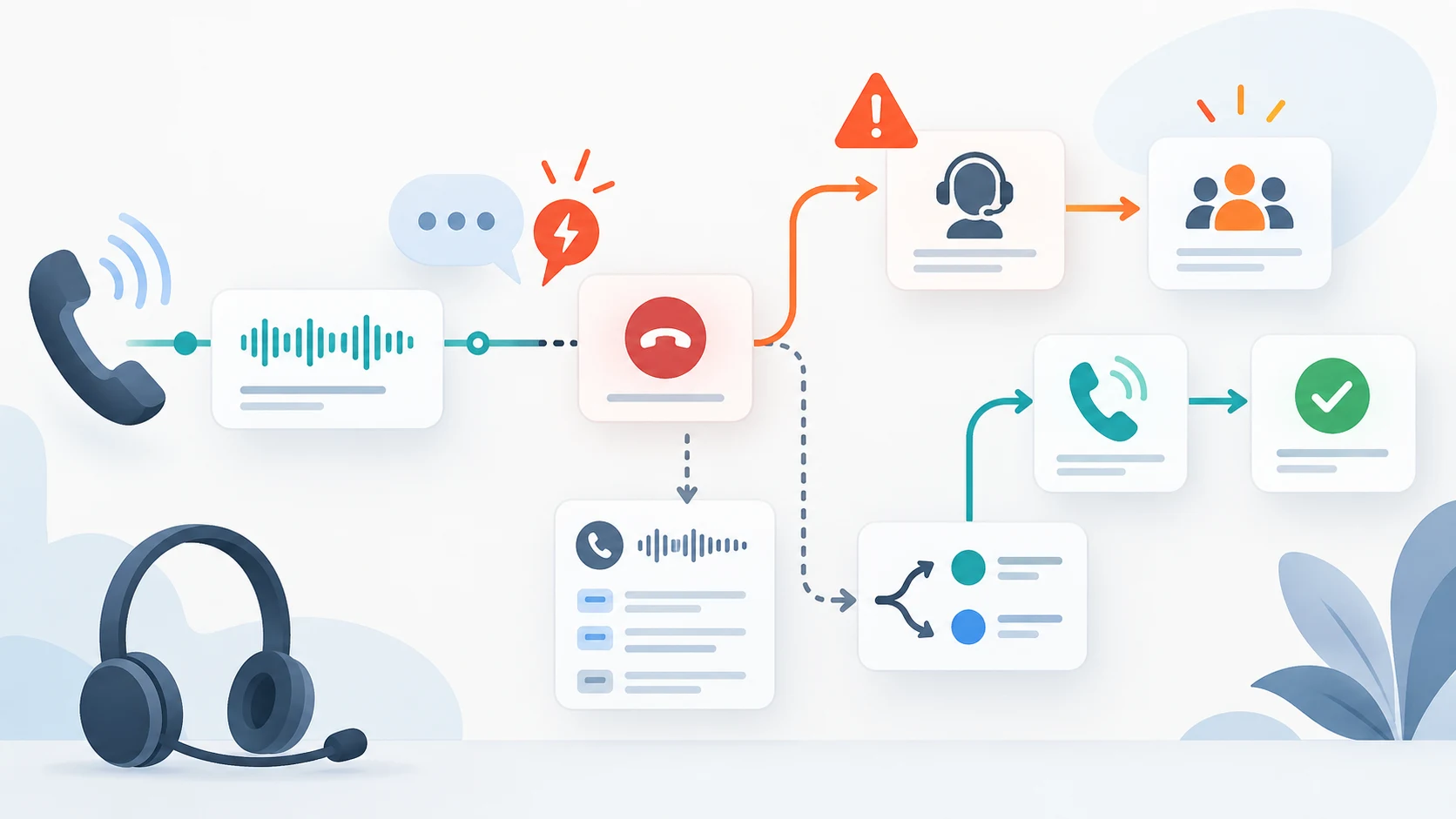 Illustration of a voice support call sequence with interruption, escalation, transcript evidence, and recovery