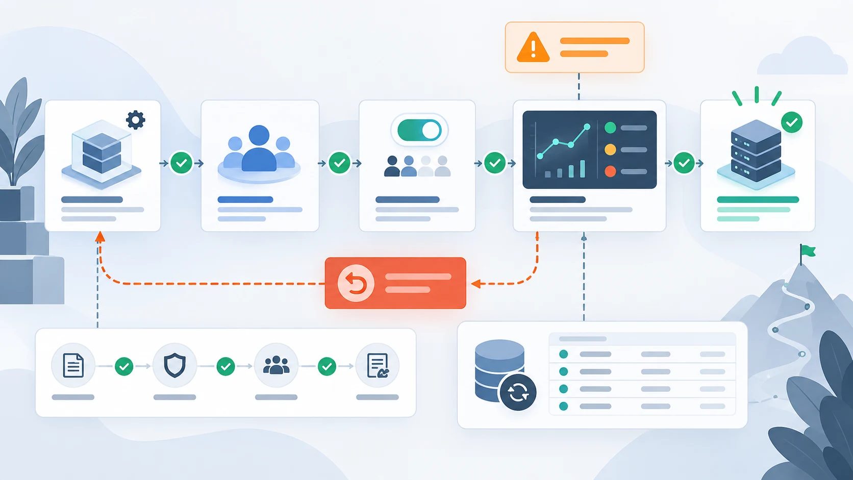 Illustration of staged broker connector enablement with monitoring, rollback, and reconciliation