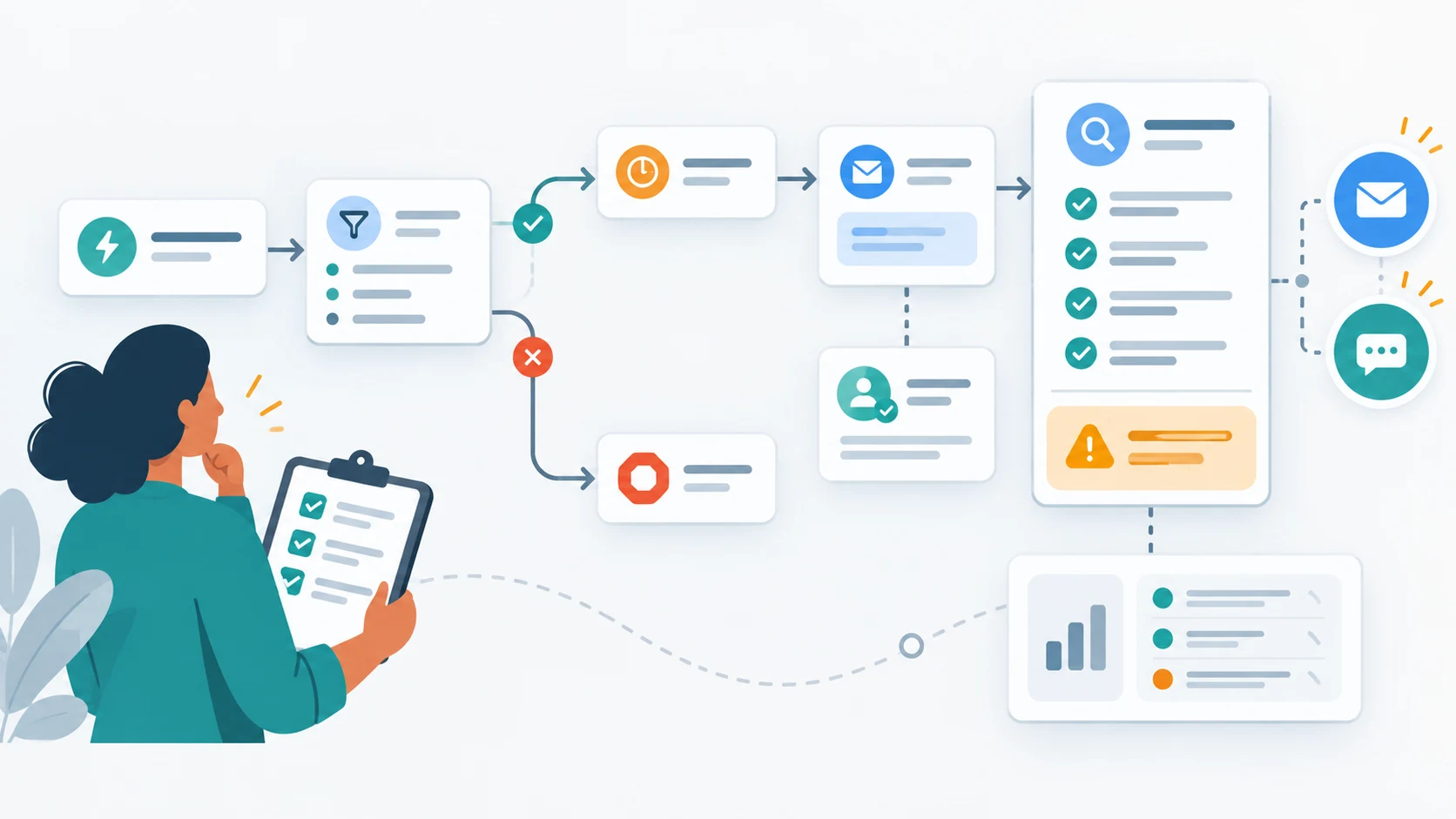 Illustration of CRM automation rules with trigger, conditions, assignment, delay, consent check, and stop condition