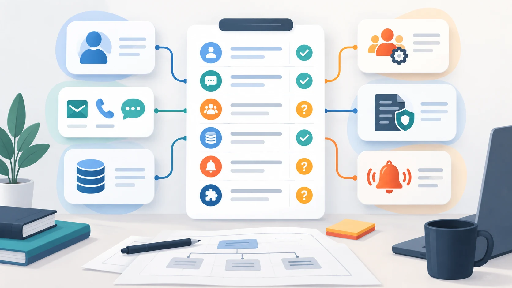 Illustration of CRM pre-development decisions for record ownership, channels, permissions, audit, and notifications