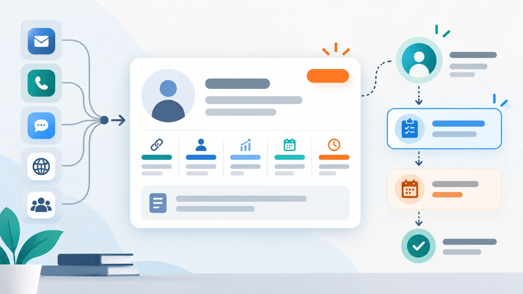 Illustration of a CRM lead record showing source, owner, stage, due timing, and next action