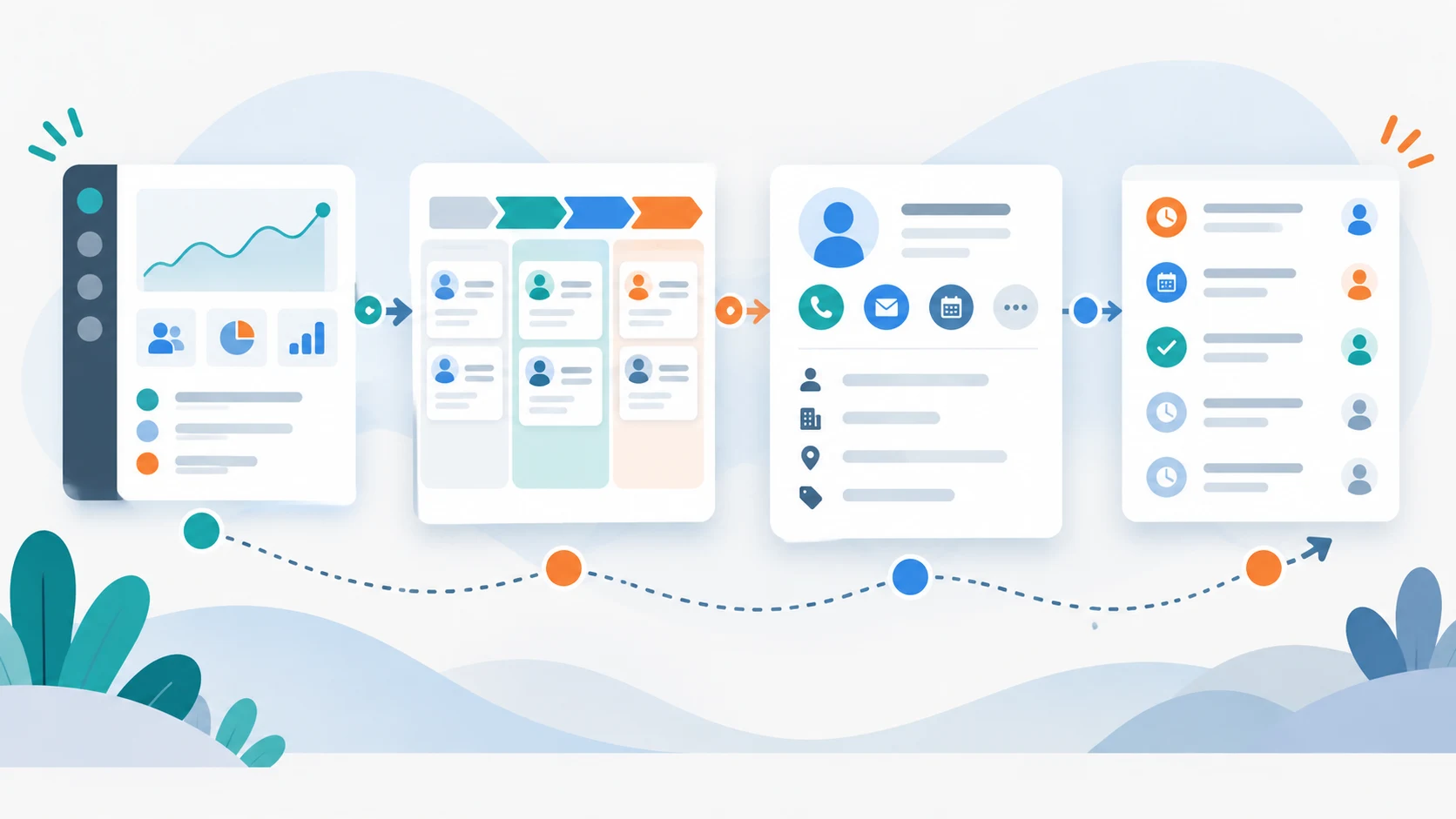 Illustration of CRM overview, pipeline, lead detail, and follow-up queue connected as one workflow