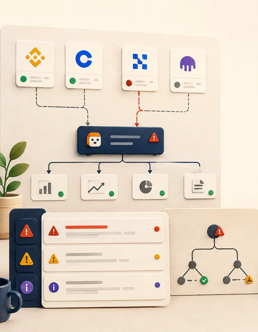 One degraded exchange connection isolated from healthy components with grouped alert evidence.