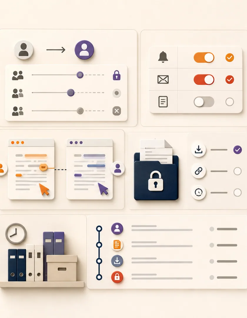 Access changes, competing updates, notification choices, secure downloads, retention, and audit history.