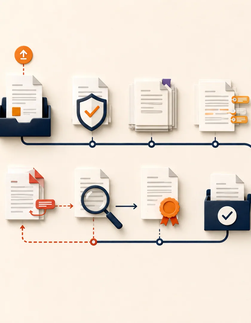 A requested document progressing through validation, version history, review, correction, approval, and closure.