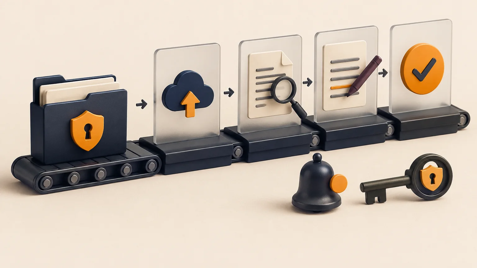 A portal document request moving through secure upload, versioning, review, correction, notification, and completion.