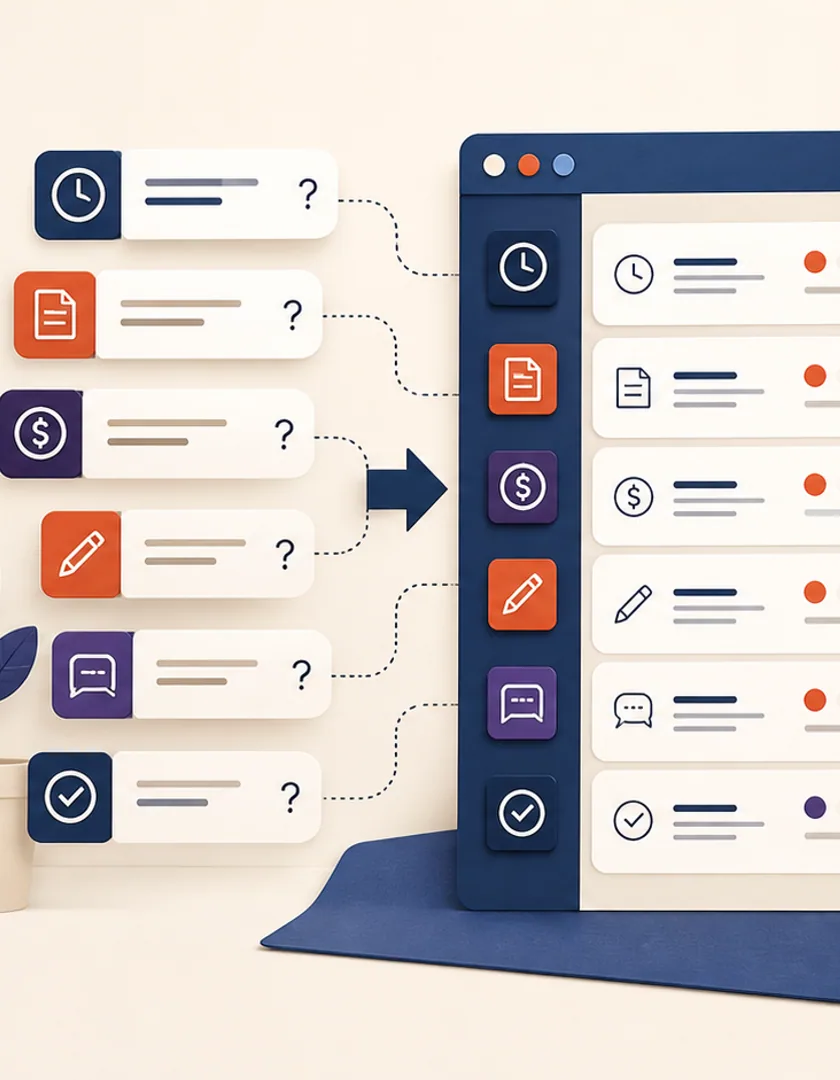 Customer questions translated into focused portal jobs and supporting account information.