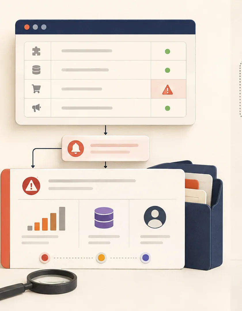 An integration delay becoming one grouped alert with business severity, affected records, and an accountable owner.