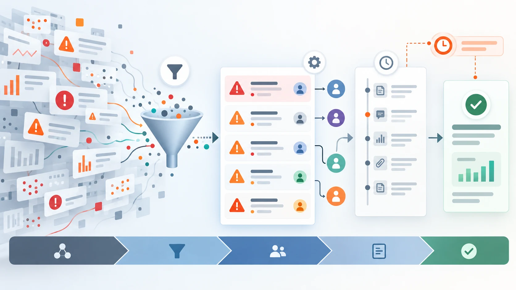 Illustration of noisy dashboard signals filtered into accountable exceptions and resolved evidence