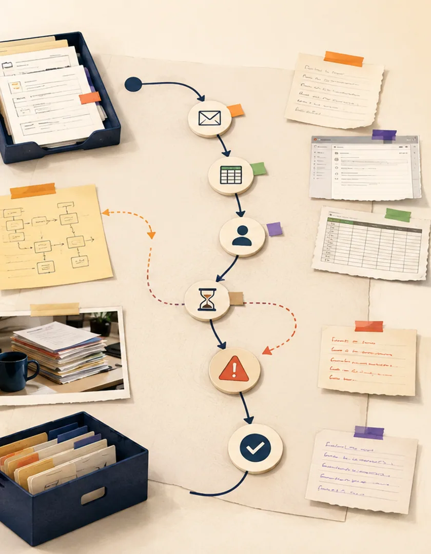 One real case followed across intake, email, spreadsheets, approval, waiting, exceptions, and closure.