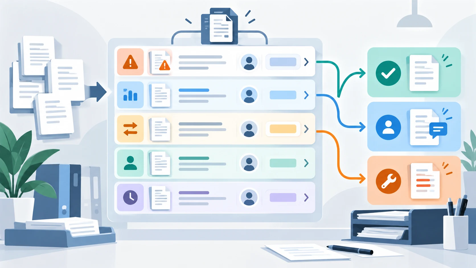 Illustration of a document exception queue grouped by missing information, warnings, owners, and decisions