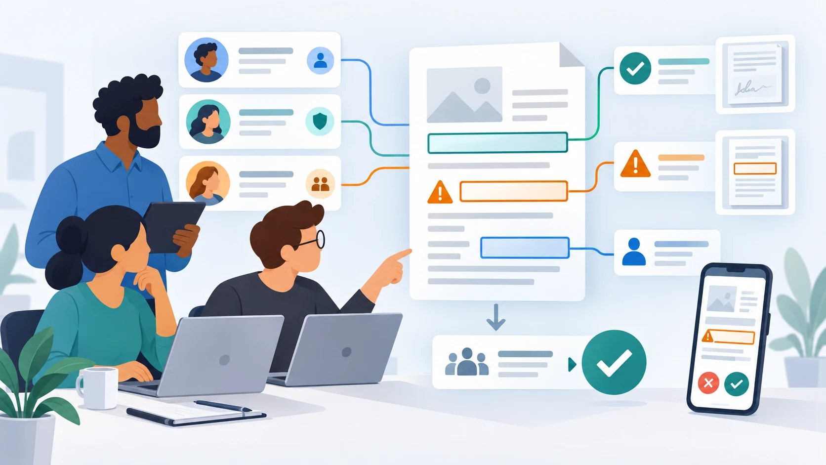 Illustration of reviewers using field evidence, warnings, ownership, and approval responsibilities
