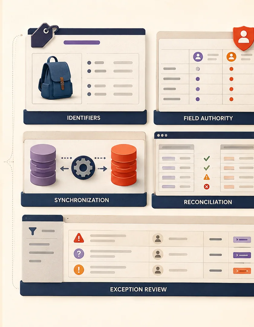 Migration identifiers, synchronization, reconciliation, and exception review supporting daily commerce operations.