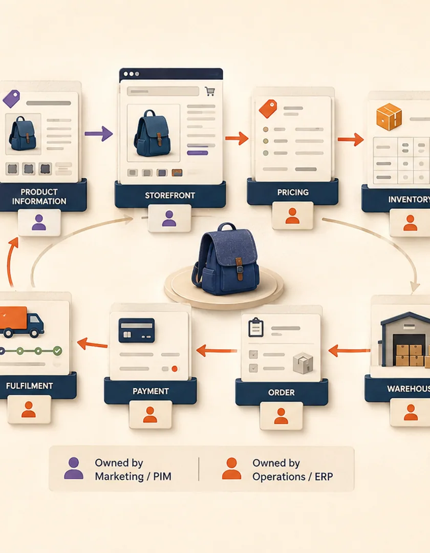 One product record moving through commerce systems with authoritative owners for each important field.