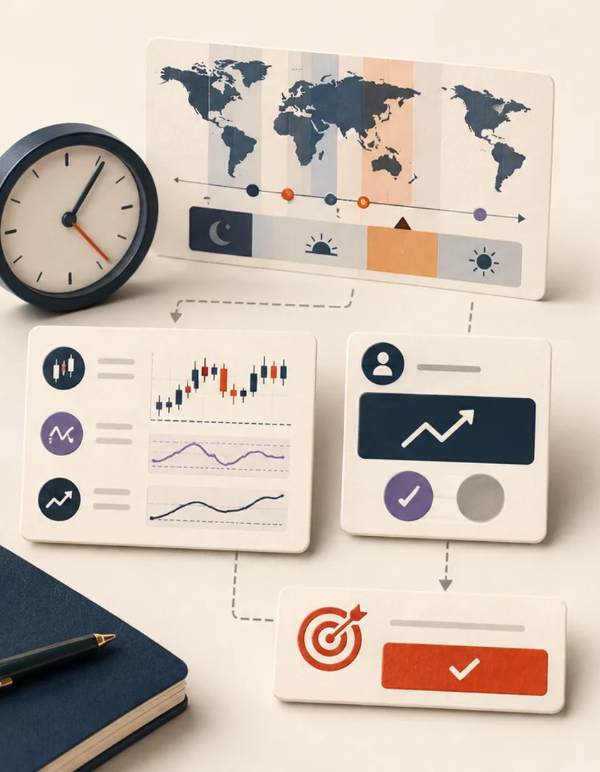 Session boundaries, price conditions, position state, and expected decisions organized into scenario evidence.