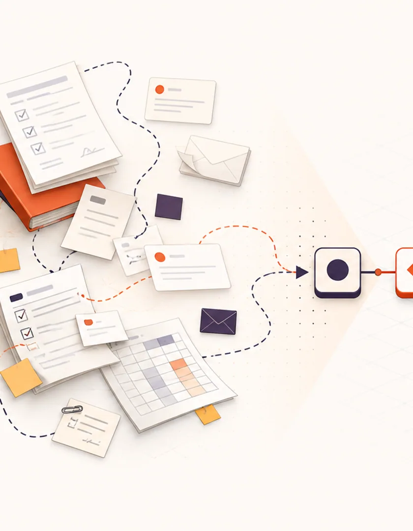 A service request mapped from intake through decisions, handoffs, waiting states, and application screens.